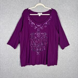 Style & Co Tunic Top 1X Purple Sequin Embellished Soft Thin Artsy Stretch Jersey